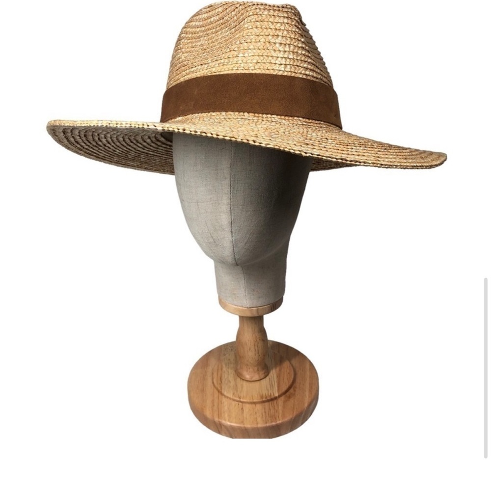 Gigi Pip Hat Isla Fedora Hand Woven Wheat Straw Suede Flat Brim Summer Hat